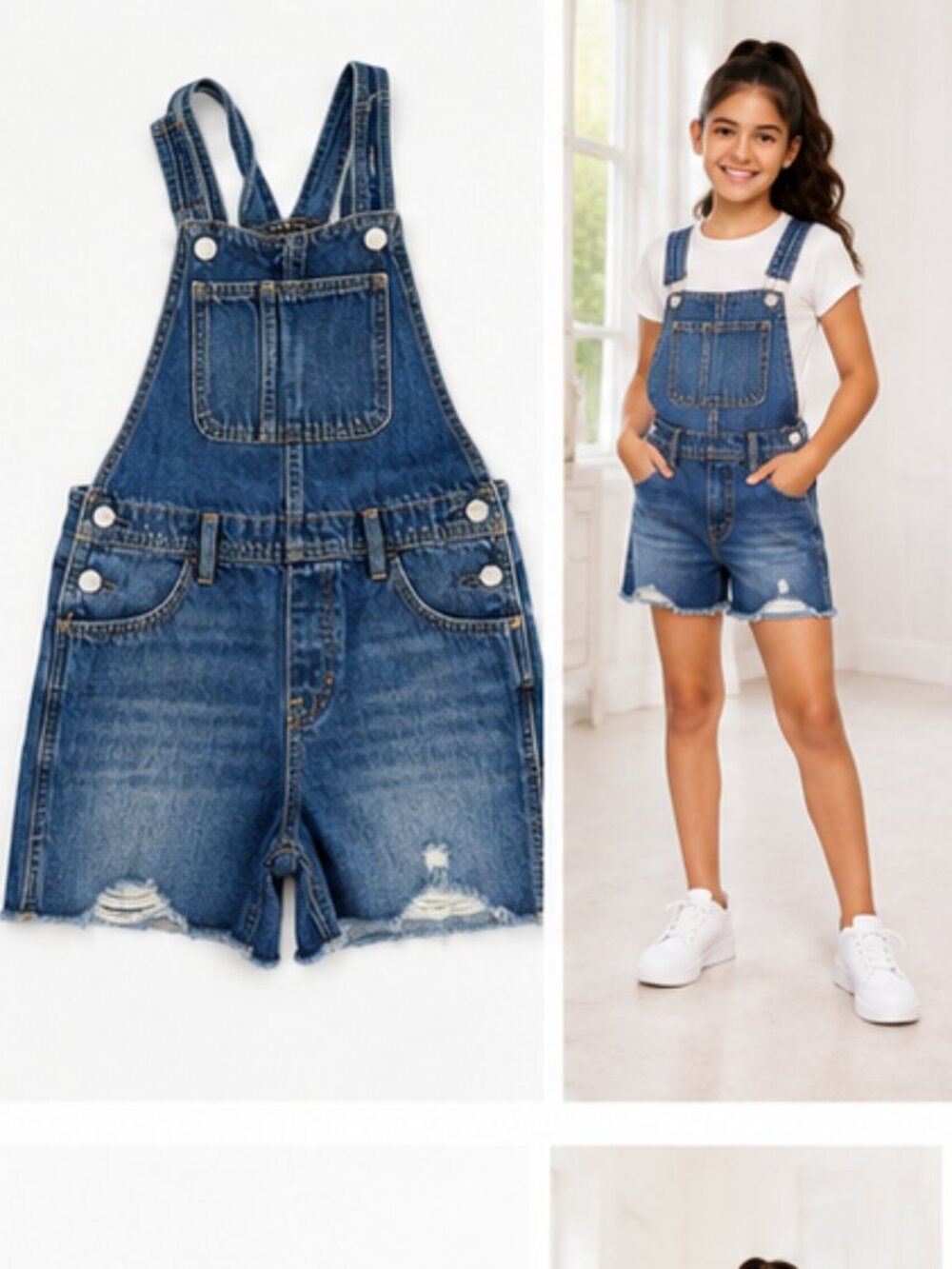 Old Navy Girls Denim Overall Shorts Size 8 Distressed Jean Shortalls